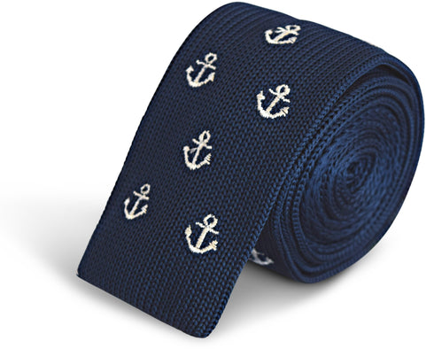 navy skinny knitted tie with anchor design